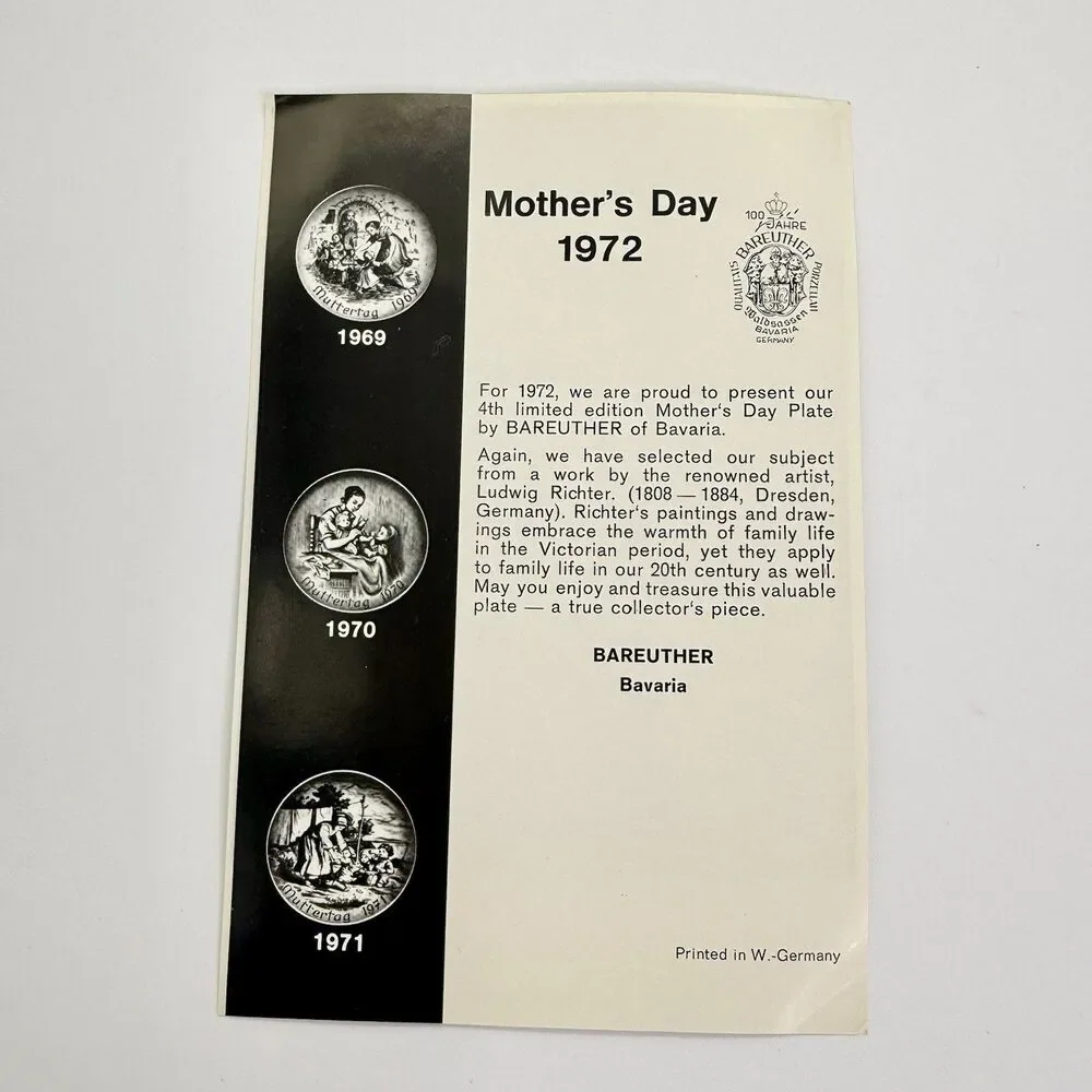 Mothers Day 1972 Muttertag Plate BAREUTHER Bavaria Germany 7.75